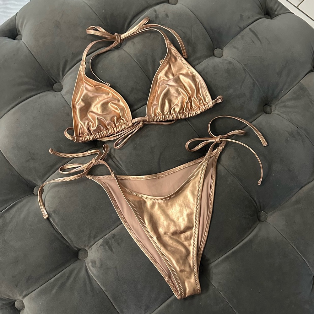 Skims Champagne Rose Gold Metallic Swim Skimpy Triangle Top and Tie Bottom Set
